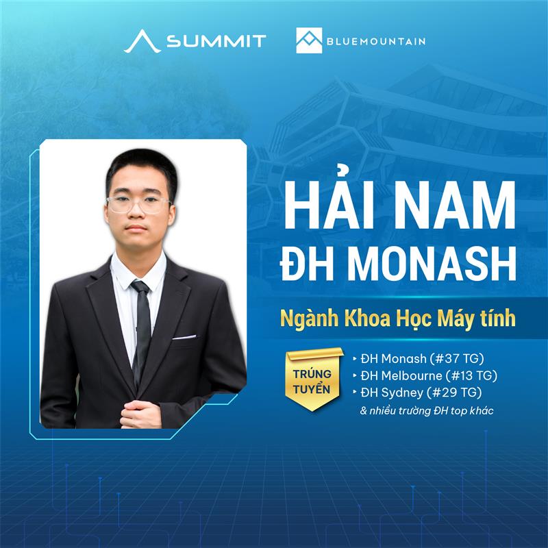 Ảnh Hải Nam - Học viên xuất sắc Blue Mountain & Summit, trúng tuyển Khoa học Máy tính tại ĐH Monash và nhiều trường top thế giới.